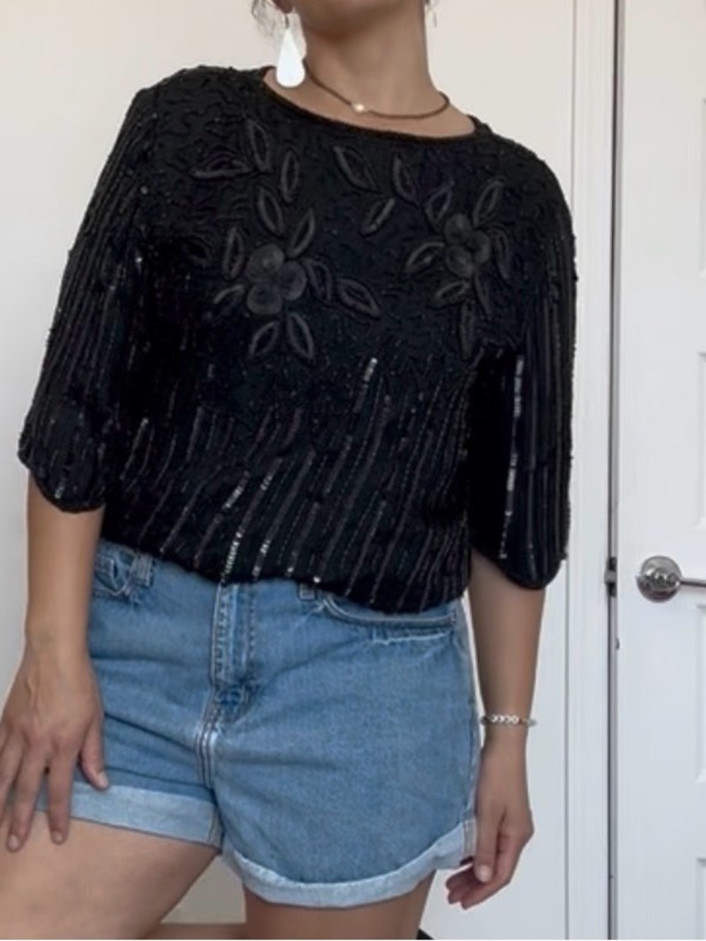 Vintage silk beaded blouse in black formal cocktail glam whimsigoth